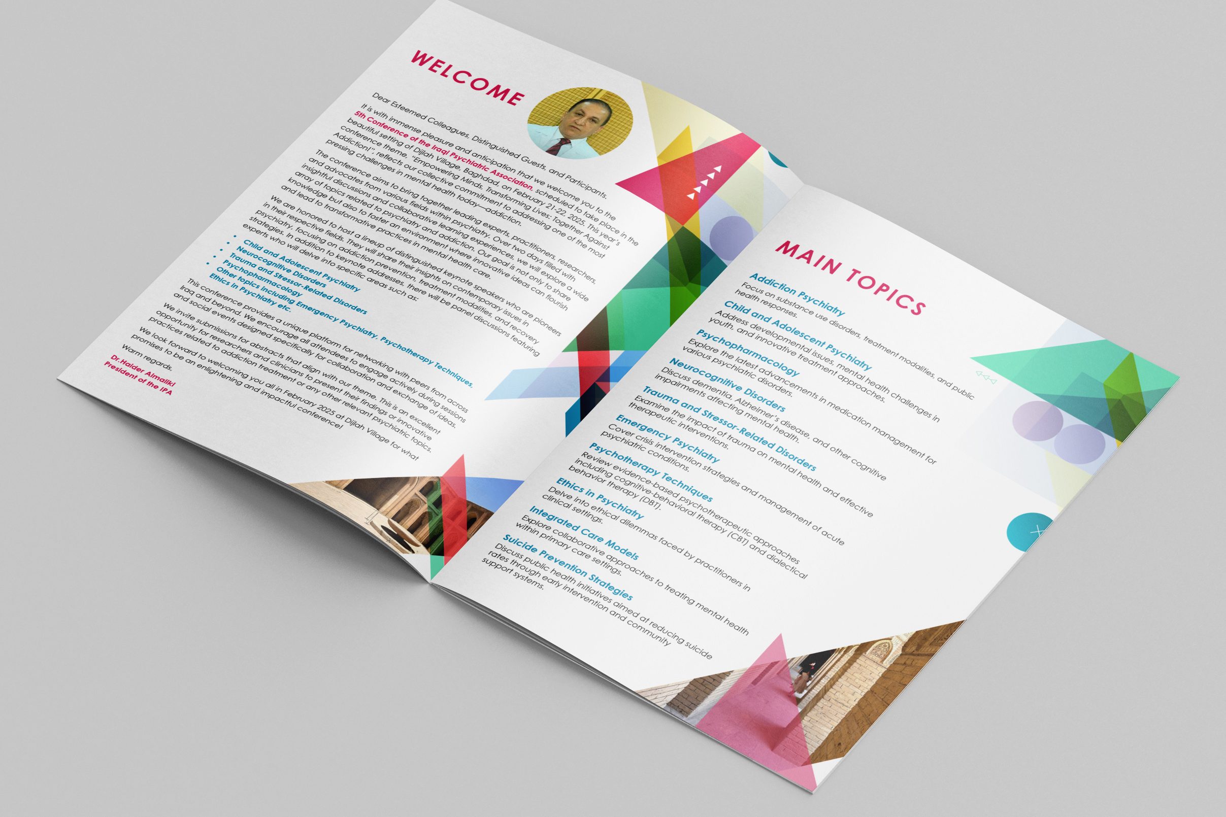 Left Sphere, 5th Conference of the Iraqi Psychiatric Association A4 brochure inside spread.