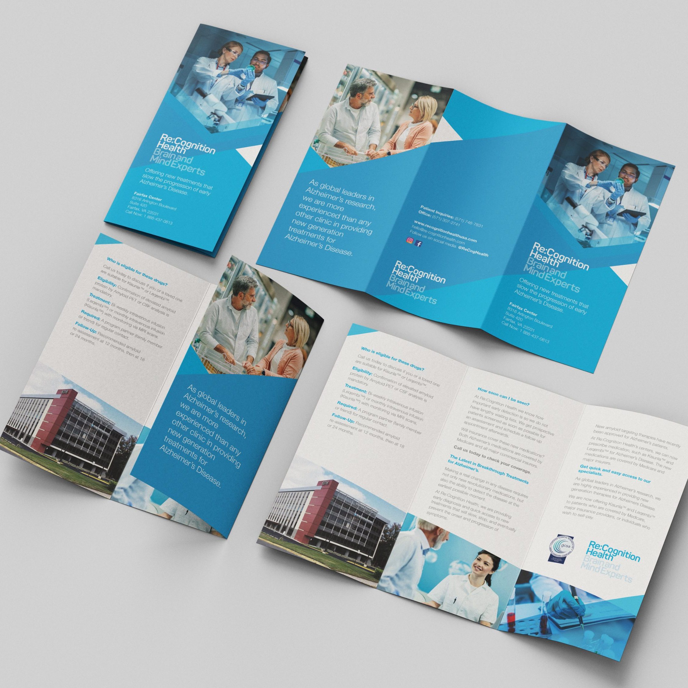 Cover and inside spread design of the Fairfax Centre, DL leaflet for Re:Cognition Health.