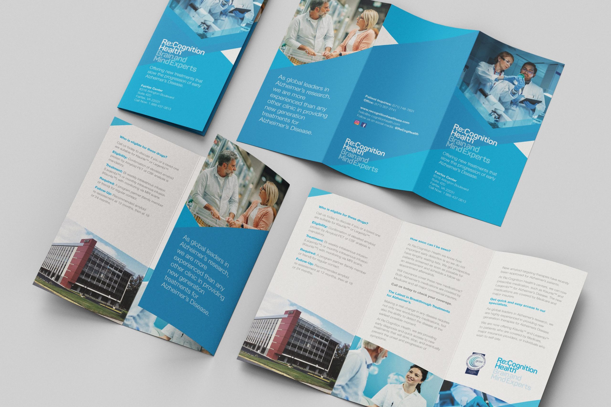 Cover and inside spread design of the Fairfax Centre, DL leaflet for Re:Cognition Health.