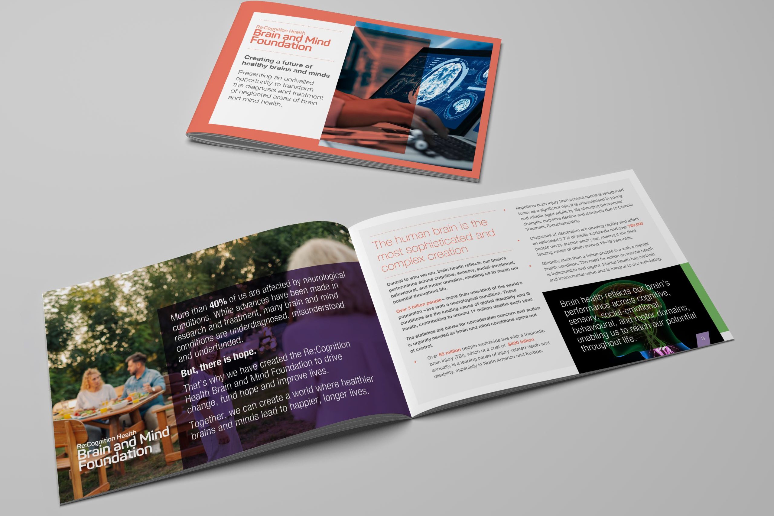 Cover and inside spread design of the Foundation Brochure for Re:Cognition Health.