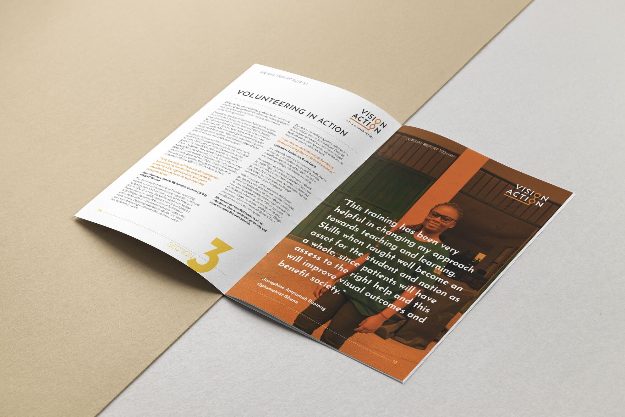 An example of an inside spread of the Vision Action annual report designed by Mike Young.